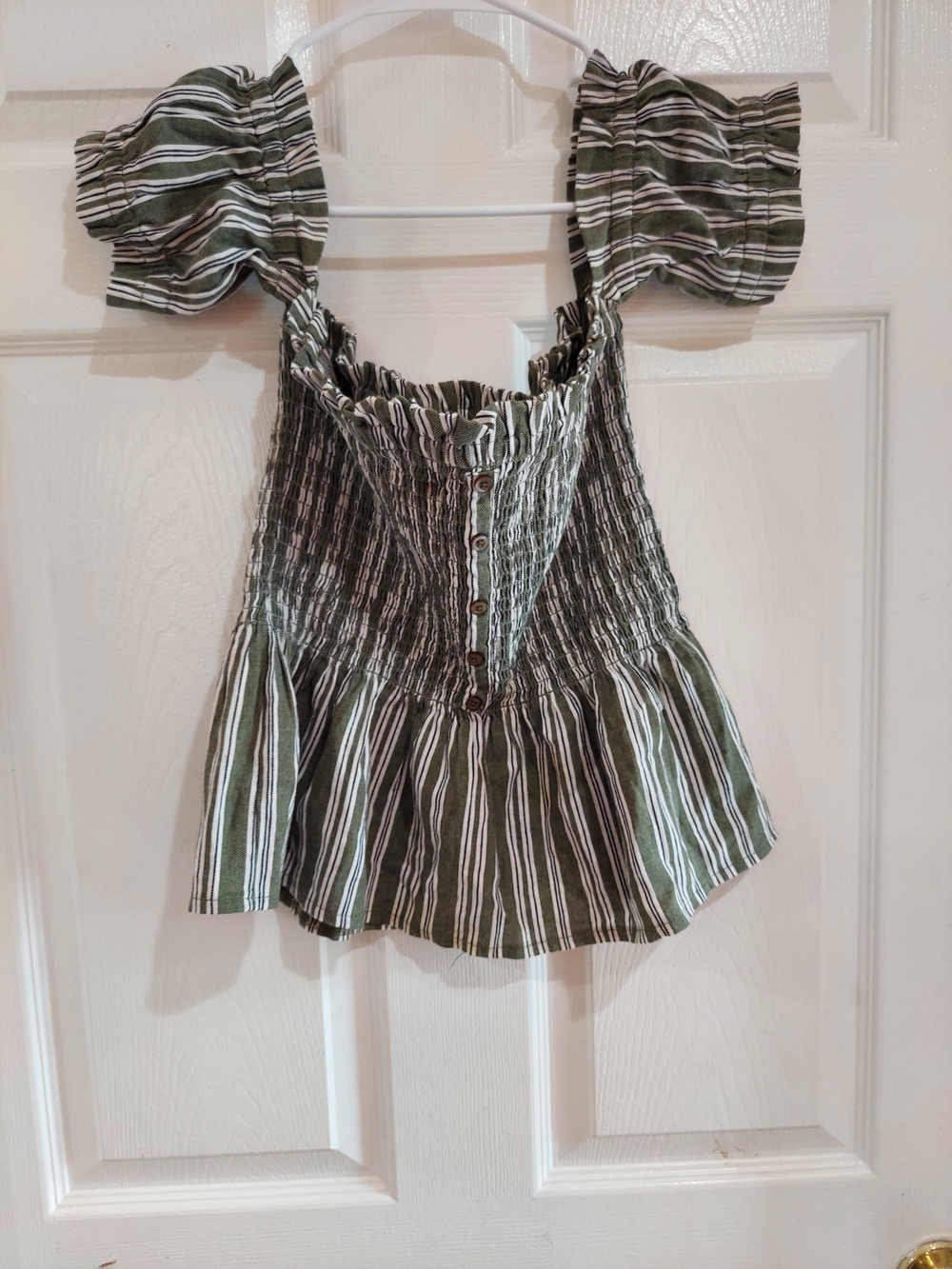 Haute Monde Olive Green and White Striped Smocked Crop Top